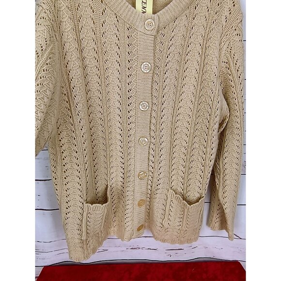 Jenny Womens 1X Beige Tan Acrylic Knit Cardigan Sweater Button Front & Pockets - Picture 3 of 8